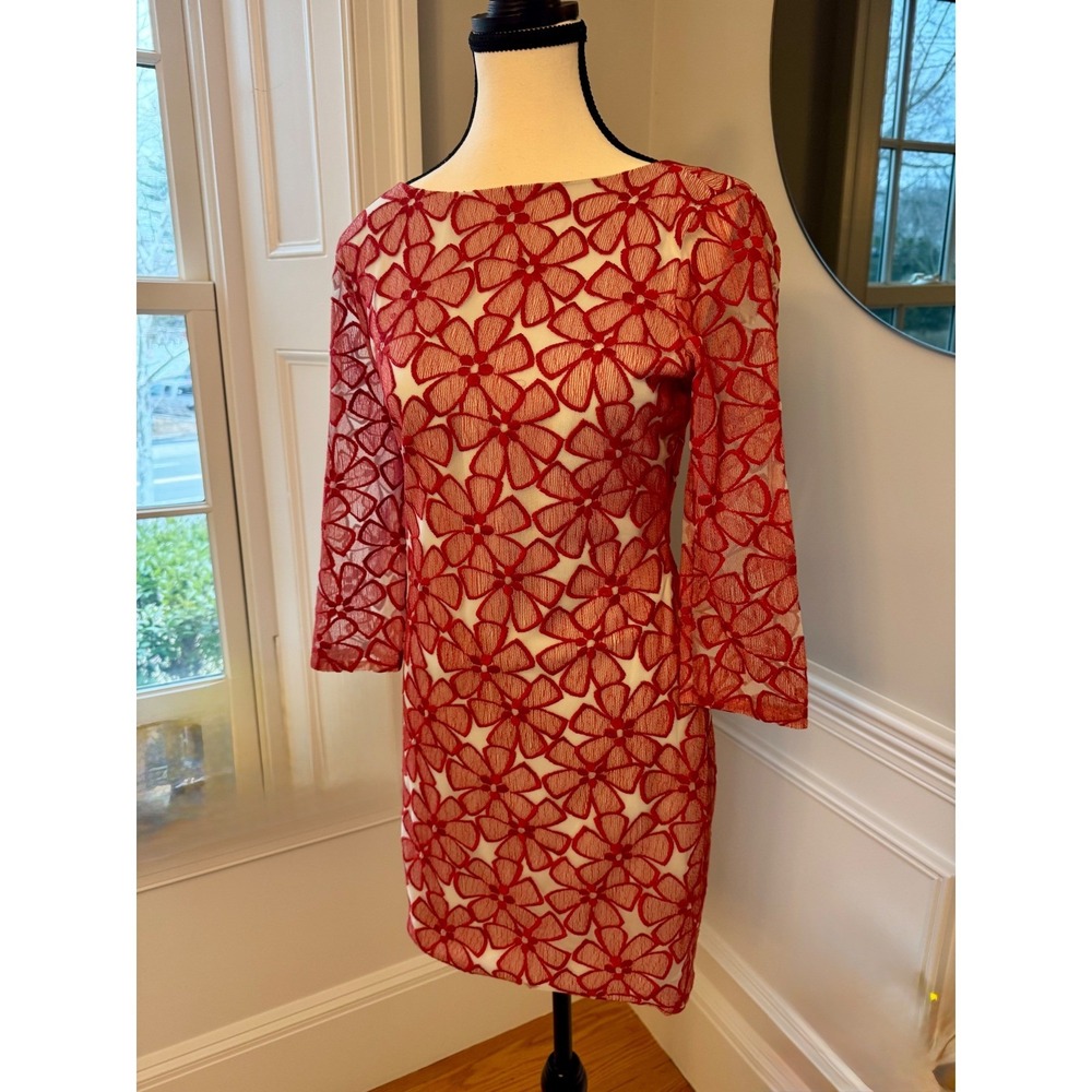 DVF Diane Von‎ Furstenberg Red Mod-Floral Lace Sheath Dress Silk 4 Wedding Guest